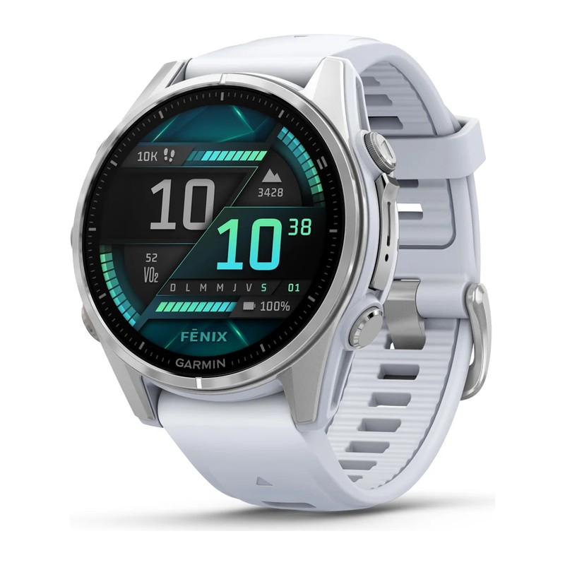 Montre GPS Garmin fēnix 8 – 43 mm, AMOLED, Acier Silver, bracelet silicone blanc